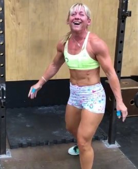 dawn french twd fitness owner personal trainer in daventry laughing wearing savage booty shorts